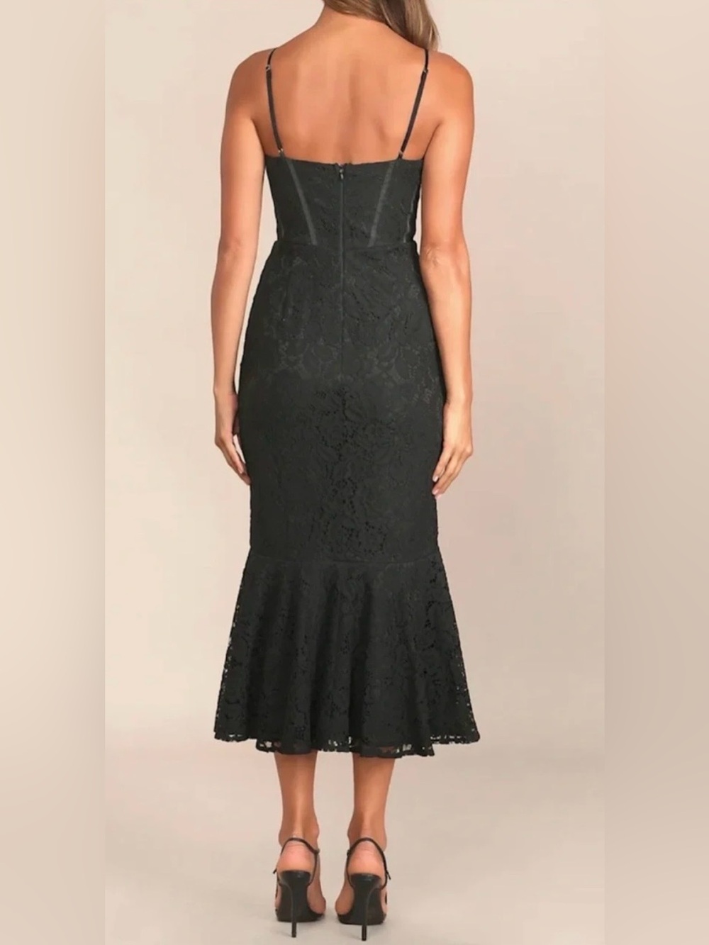 Lulu's Black Lace Trumpet Midi Dress with Spaghetti Straps - Picture 2 of 5